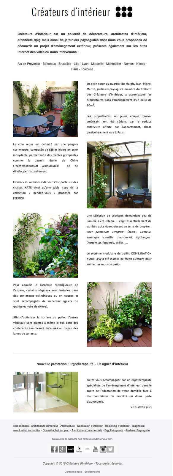 Newsletter de juillet 2016 sur l'aménagement d'un patio par un architecte d'intérieur